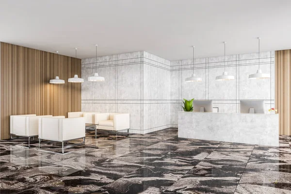 Mermer resepsiyon salonu, yan manzara, müşteriler için dört koltuk ve masa, iki bilgisayar, mermer döşeme ve ahşap dizayn işletme ofisi girişi 3D, kimse yok.