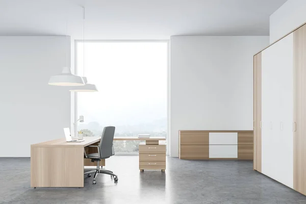 Side View Modern Ceo Office White Wooden Walls Concrete Floor — Stock Photo, Image