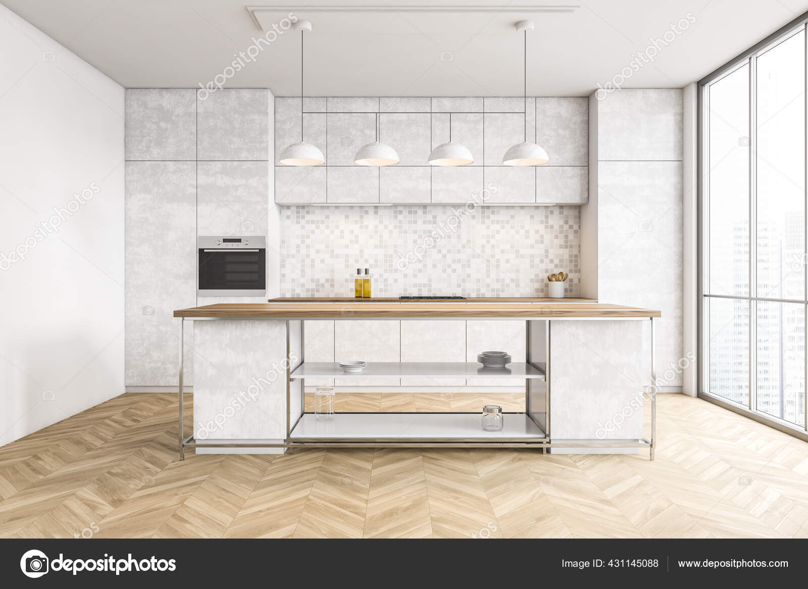 Interieur Der Modernen Küche Mit Weißen Wänden Holzboden