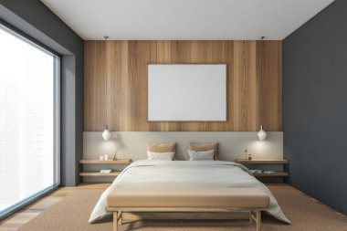 Yatak odasının ahşap minimalist dizaynlı, halıda çarşaf ve parke zemin olan minimalist bir çerçeve. Gri ve ahşap duvarlar 3 boyutlu, insan yok.