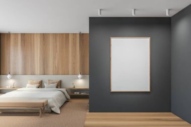 Gri duvardaki boş çerçeve ahşap minimalist tasarımla bej döşeli, halıda çarşaf, parke zemin. Gri ve ahşap duvarlar 3 boyutlu, insan yok.