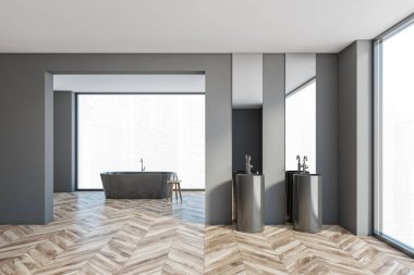 Açık gri ahşap banyo, iki gri lavabo ve arka planda büyük pencerenin yanında küvet. Ahşap zemin parke, büyük aynalar. 3D görüntüleme yok.