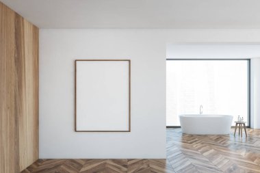 Tahta beyaz banyodaki model tuval, beyaz küvetin arka planında boş bir çerçeve ve şampuanlı küçük bir masa, üç boyutlu, hiç kimseyi yansıtmayan boş bir alan.