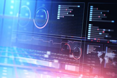 Grafiklerle gelecek arayüzü ve koyu mavi arka plan üzerinde dünya haritası. 3d rengarenk resim çift pozlama