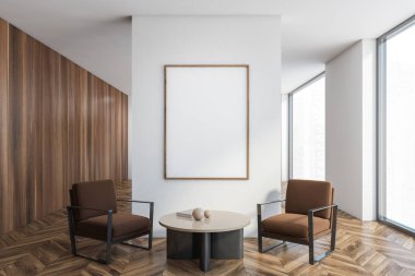 Tahta parke zeminde bej kahve sehpası olan iki kahverengi koltuğun üzerinde boş tuval var. Tahta ve beyaz duvarlar ve büyük pencereler, 3 boyutlu, kimseyi göstermiyor.