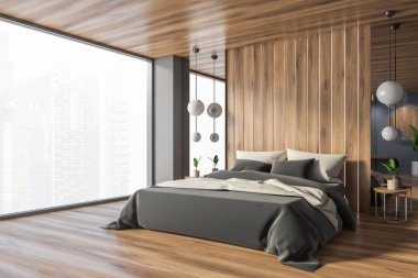 Gri ve ahşap duvarları, ahşap zemini ve rahat kral yatağı olan minimalist ana yatak odasının köşesi. 3d oluşturma