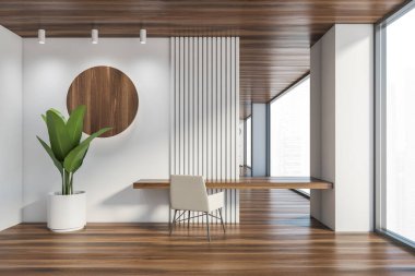 Beyaz duvarları, ahşap zemini ve gri koltuklu masası olan minimalist ev ofisinin içi. 3d oluşturma