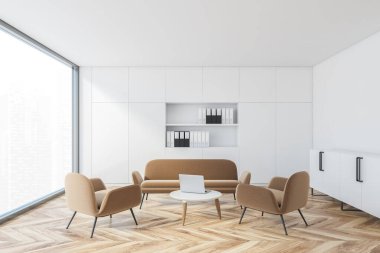 Beyaz duvarları, ahşap zemini ve kahve masasının yanında duran bej kanepesi olan modern panoramik mutfağın içi. 3d oluşturma