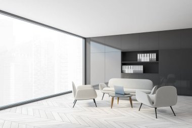 Gri duvarları, ahşap zemini ve sehpanın yanında duran beyaz kanepesi olan şık panoramik mutfağın köşesi. 3d oluşturma