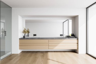 Beyaz duvarlı modern banyo, ahşap zemin ve büyük aynalı çift lavabo. 3d oluşturma