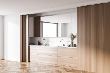 Beyaz ve ahşap duvarlı modern banyonun köşesi, ahşap zemin, çift lavabo ve büyük ayna. 3d oluşturma