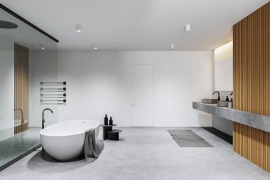 Beyaz ve ahşap duvarları, beton zemini, rahat küveti, çift lavabosu ve duşu olan şık bir banyo. 3d oluşturma