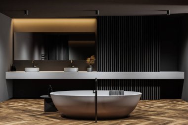 Gri ve ahşap duvarlı modern banyonun içi, ahşap zemin, rahat küvet, çift lavabo ve duş kabini. 3d oluşturma