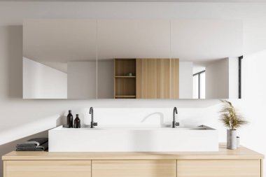 Modern banyo, beyaz duvarlar, ahşap zemin ve çift lavabo ve büyük ayna. 3d oluşturma