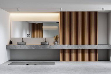 Beyaz ve ahşap duvarları, beton zemini ve büyük aynalı çift lavabosu olan şık bir banyo. 3d oluşturma