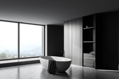 Gri ve ahşap duvarları, beton zemini ve rahat küveti olan modern banyonun köşesi. 3d oluşturma