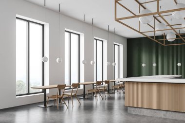 Beyaz ve yeşil duvarları olan modern barın köşesi, beton zemin, ahşap tezgah ve sandalyeli kare masalar. 3d oluşturma