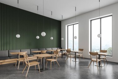 Beyaz ve yeşil duvarları olan modern restoranın köşesi, beton zemin, sandalyeli kare masalar ve gri kanepe. 3d oluşturma