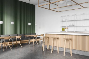 Beyaz ve yeşil duvarları olan modern restoranın köşesi, beton zemin, ahşap tezgah ve sandalyeli kare masalar. 3d oluşturma