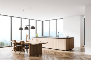 Beyaz duvarlı panoramik mutfak köşesi, ahşap zemin, ahşap ada ve yemek masası. 3d oluşturma