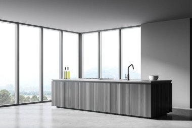 Gri duvarları, beton zemini ve ahşap adası olan panoramik mutfağın köşesi. 3d oluşturma