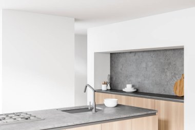 Beyaz duvarları, ahşap zemini ve ahşap adası olan modern mutfağın içi. 3d oluşturma