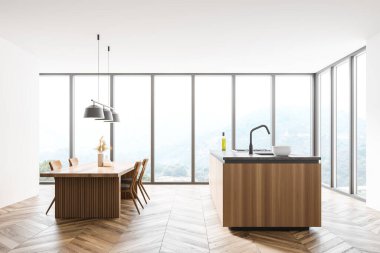 Beyaz duvarlı panoramik mutfak manzarası, ahşap zemin, ahşap ada ve yemek masası. 3d oluşturma