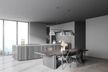 Gri duvarları, beton zemini, tahta adası ve yemek masası olan panoramik mutfağın köşesi. Bulanık görüşlü bir pencere. 3d oluşturma