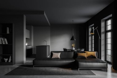 Koyu gri duvarları, beton zemini ve büyük kanepesi olan şık bir oturma odası. 3d oluşturma