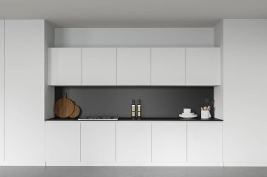 Beyaz ve yeşil duvarları, ahşap zemini ve beyaz dolapları olan modern mutfağın içi. 3d oluşturma