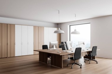Beyaz ve ahşap duvarları, ahşap zemini ve bilgisayar masaları olan modern açık uzay ofisinin köşesi. 3d oluşturma