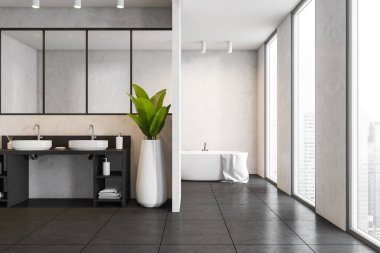 Pencerenin yanındaki lavaboların ve küvetlerin minimalist tasarımı, jel ve havlularla dolu iki lavabo. Ayna ve bitki, banyoda siyah fayanslı zemin, lüks bir daire, 3D 'de hiç insan yok.