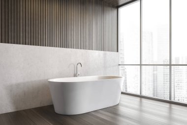 Banyoda beyaz küvet, lüks daire için minimalist beyaz ve ahşap tasarım, yan görüş. Tahta zemin ve gökdelenlerin şehir manzaralı büyük penceresi, 3 boyutlu, kimseyi göstermiyor.