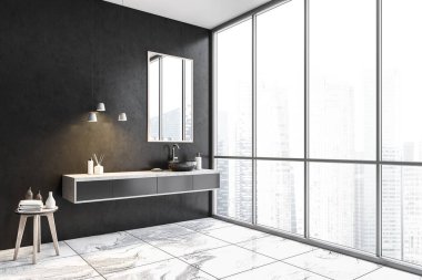 Gri duvarları, mermer zemini ve aynalı lavabosu olan şık bir banyonun köşesi. 3d oluşturma