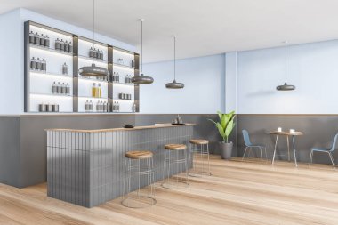 Mavi ve gri kafenin içi, raflarda şişeler olan bar tezgahı. Tahta parke zemindeki minimalist kafe mobilyalarının yan görünüşü. 3D görüntüleme, insan yok