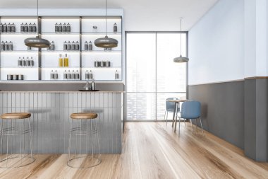 Kafenin iç kısmında mavi ve gri bar tezgahı, arka planda pencerenin yanındaki sandalyeli masa. Minimalist kafede ahşap döşenmiş mobilyalar, 3D 'de hiç insan yok.