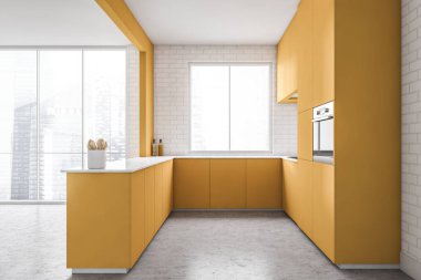Beyaz duvarları, beton zemini ve sarı dolapları olan modern mutfağın yan görüntüsü. Bulanık şehir manzaralı bir pencere. 3d oluşturma