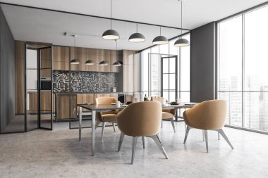 Modern mutfağın köşesinde beyaz duvarlar, ahşap zemin, mermer dolaplar lavabo, fırın ve adada inşa edilmiş. Ön tarafta yemek odası var. 3d oluşturma