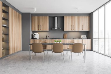 Gri duvarları, beton zemini, ahşap dolapları ve sandalyeli yemek masası olan şık bir mutfak. 3d oluşturma