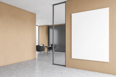 Modern yemek odasının köşesinde bej ve gri duvarlar, ahşap zemin, masa ve dikey maket posterleri var. 3d oluşturma