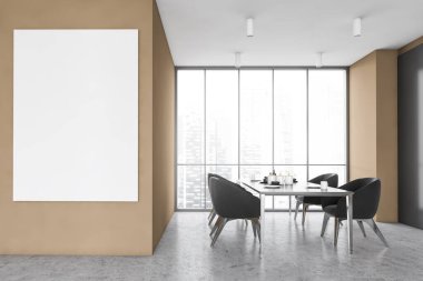 Bej ve gri duvarları olan şık yemek odasının içi, ahşap zemin, masa ve dikey maket posterleri. 3d oluşturma
