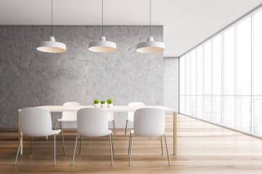 Beton duvarlı panoramik yemek odasının içi, ahşap zemin ve beyaz sandalyeli masa. 3d oluşturma