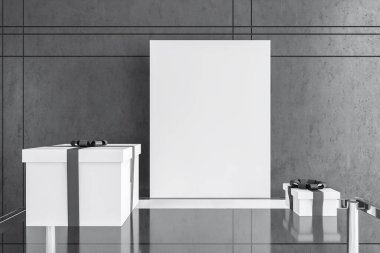 Beton odanın içinde beyaz ve sarı hediye kutuları ve ortasında dikey maket posterleri var. 3d oluşturma