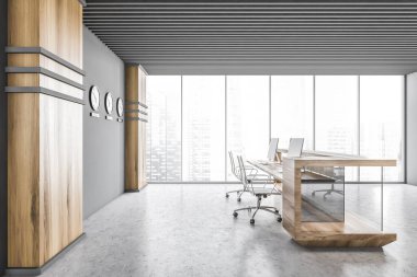 Beyaz ve ahşap duvarlı şık ofis manzarası, ahşap zemin ve üzerinde saatler olan resepsiyon masası. 3d oluşturma