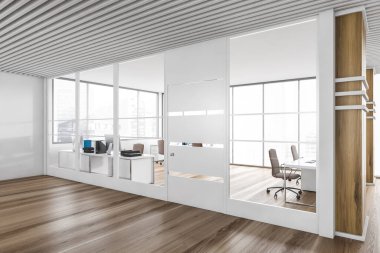 Beyaz ve ahşap duvarları, ahşap zemini ve açık uzay ofisi olan şık bir ofis köşesi. 3d oluşturma