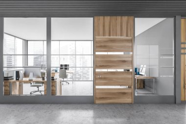 Gri ve ahşap duvarları, beton zemini ve açık uzay ofisi olan modern ofis binası. 3d oluşturma