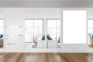 Beyaz ve ahşap duvarları, ahşap zemini ve açık uzay ofisi olan şık bir ofis. Dikey maket posteri. 3d oluşturma
