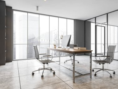 Gri duvarları, döşemeleri, bilgisayar masası ve ziyaretçiler için sandalyeleri olan modern CEO ofisinin köşesi. Bulanık şehir manzaralı bir pencere. 3d oluşturma