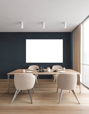 Yemek odasında dört bej sandalye, pencerenin yanında ahşap masa, mavi duvarlar ve ahşap parke zemin olan bir tuval var. Yemek odasının minimalist tasarımı, 3 boyutlu, insan içermiyor.