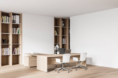 Beyaz ve ahşap duvarları, tahta zemini ve bilgisayar masası olan modern CEO ofisinin köşesi. 3d oluşturma